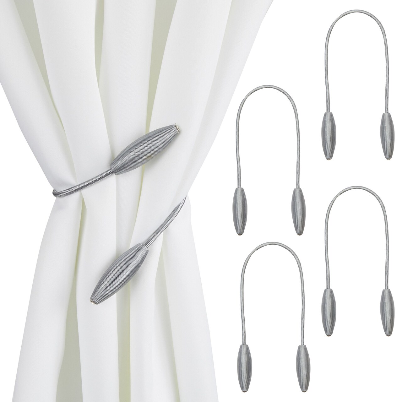 2 Pairs 21-Inch Rope Curtain Tiebacks, Polyester Holdbacks for Drapes with Shape-Keeping Metal Core for Living Room, Kitchen, Dining Room, Bedroom, and Bathroom (Light Gray)